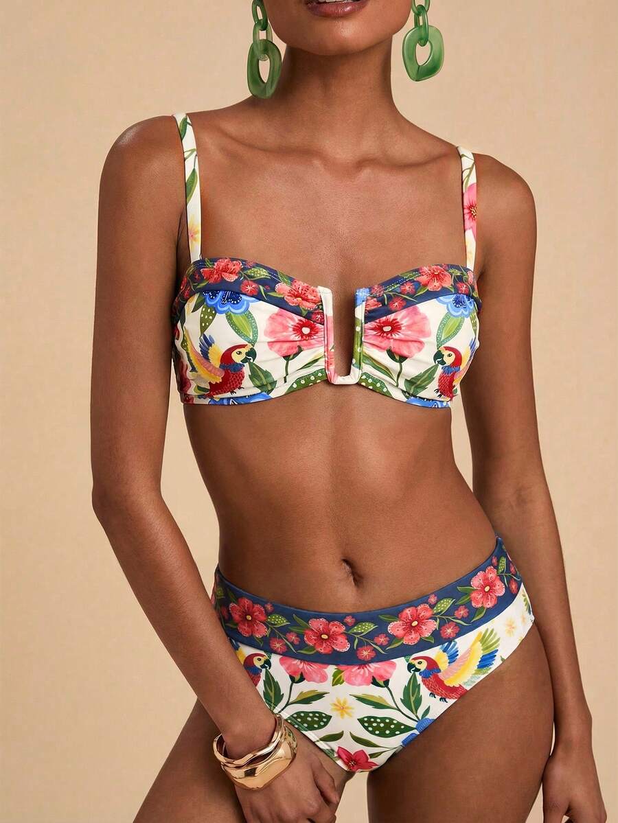 Thong Bikini Women - Floral Parrot Print High Waisted Bikini