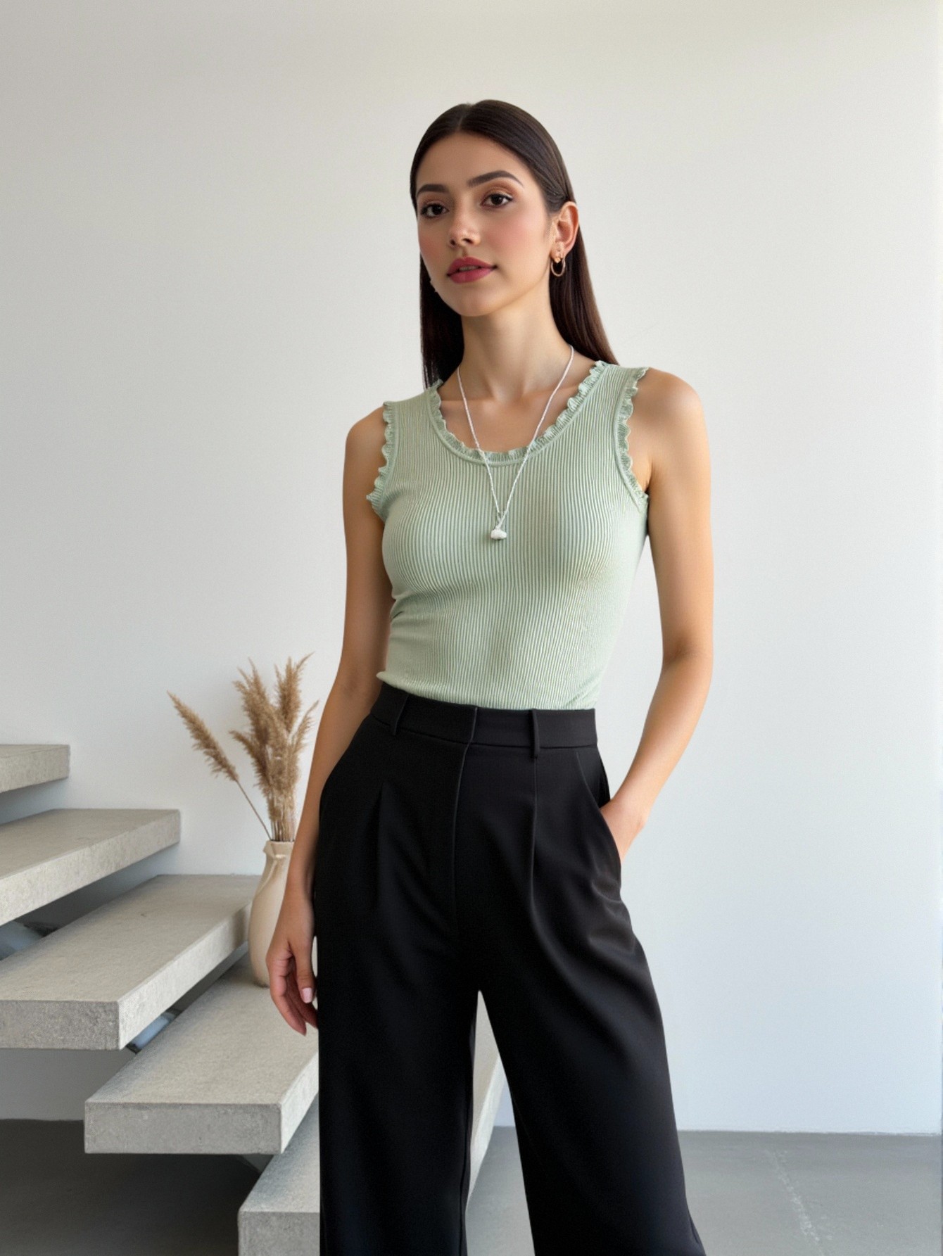 Cami Top Lace - Women's Sleeveless Lace Trim Ribbed Knit