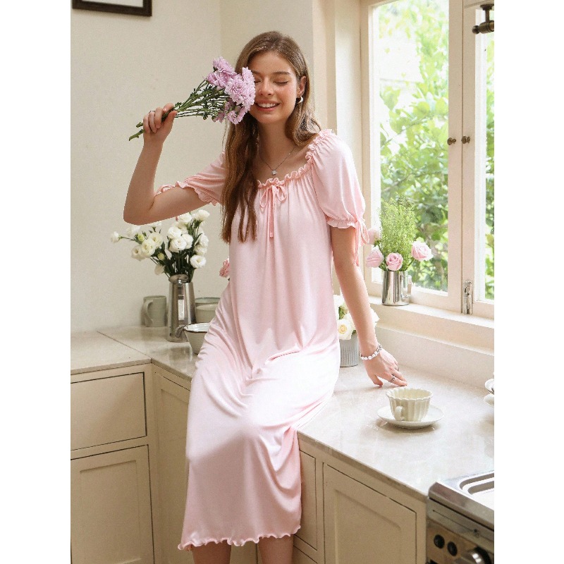 Robe Silk Women - Solid Color Ruffled Square Neck Loose