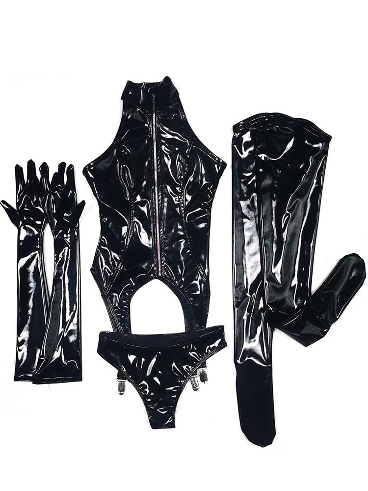 4PCS/SET Wet Look PVC Catsuit  – обзор и цена Garter Belt Set