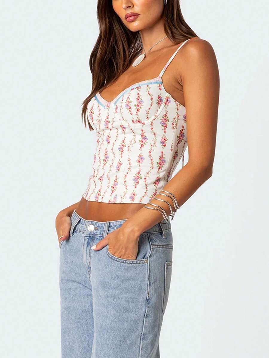 Women Floral Print Tie Strap V – обзор и цена Cami Top Lace