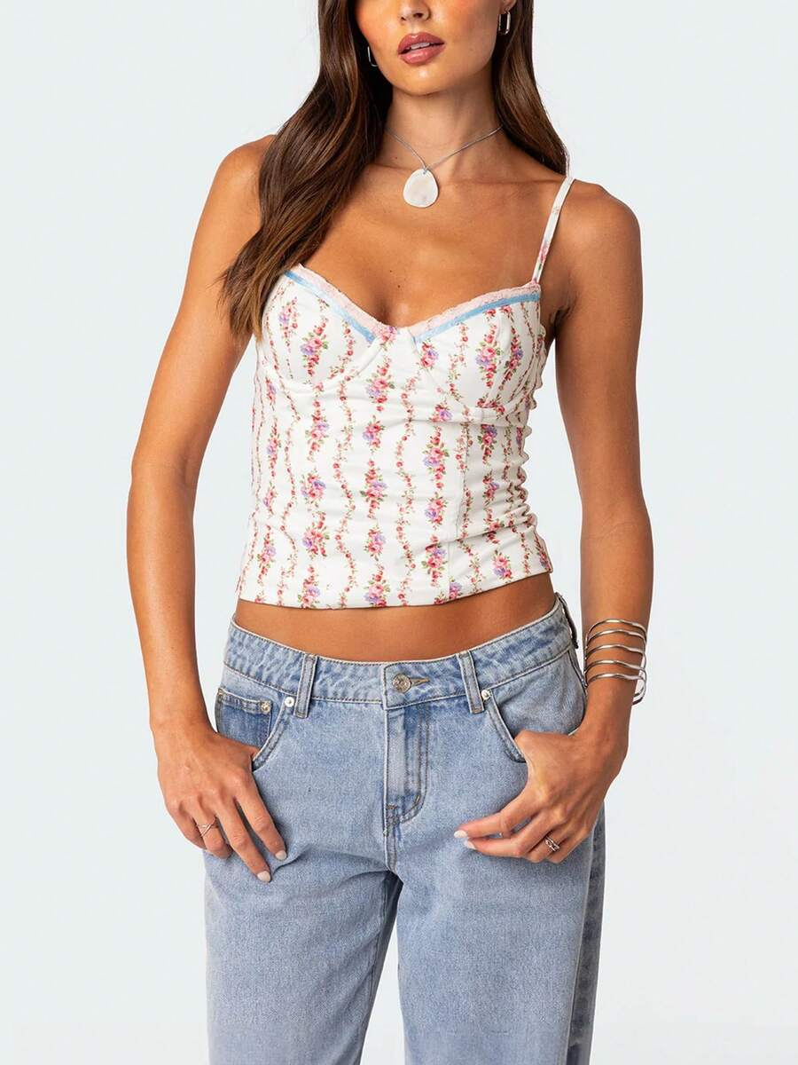 Women Floral Print Tie Strap V – обзор и цена Cami Top Lace